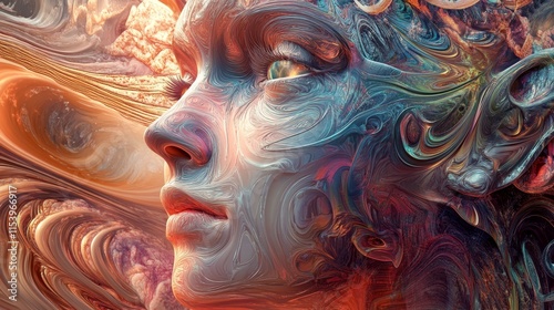 Visions of an Ethereal Being in a Cosmic Landscape Conveying Emotion and Depth Through Vibrant Colors and Swirling Patterns