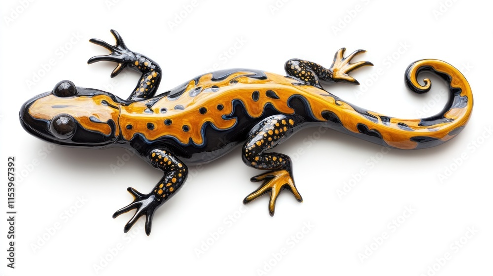 Obraz premium A vibrant orange and black salamander, viewed from above, isolated on a white background.
