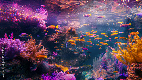 Underwater photography with yellow striped fish and reef with coral in blue water. Colorful photo with tropical theme. photo