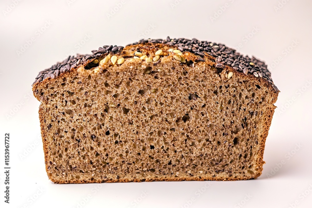 slice of whole-grain bread with visible seeds and golden crust displayed against clean white backdrop slice of whole-grain bread with visible seeds and golden crust displayed against clean white backdrop