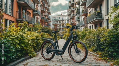 An electric bike stands prominently in a beautifully landscaped urban alley, showcasing sustainable mobility amidst colorful buildings.