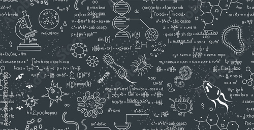 Viruses and bacteria written on a seamless blackboard.
