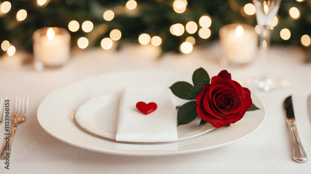 A beautifully arranged dinner table with elegant cutlery, a romantic setting featuring a plate adorned with a red rose and a red heart, perfect for special occasions. A beautifully arranged dinner table with elegant cutlery, a romantic setting featuring a plate adorned with a red rose and a red heart, perfect for special occasions.