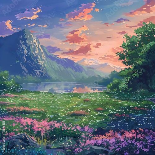 Serene landscape Neon Genesis Evangelion series featuring vibrant meadow tranquil river majestic mountains bathed soft pastel hues photo