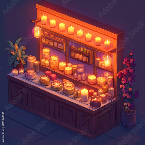 cozy candle shop display with various scented candles and warm lighting