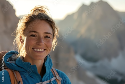 portrait of female climber smiling after reaching summit her face illuminated by warm sunlight with blurred mountainous photo