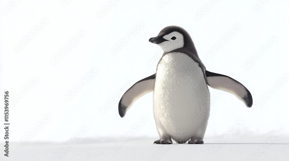 Obraz premium Adorable baby penguin chick standing on snow, wings slightly outstretched.