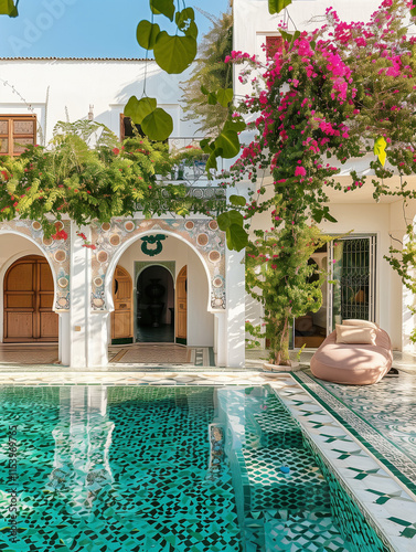 Moroccan riad in Morocco with inner garden and pool. Pastel fine colors with palms and plants in pots. Illustration 