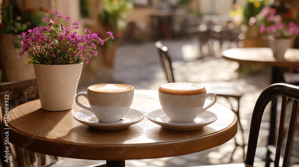 A photostock image of a couple enjoying coffee at a charming outdoor cafe.--ar 16:9 A photostock image of a couple enjoying coffee at a charming outdoor cafe.--ar 16:9