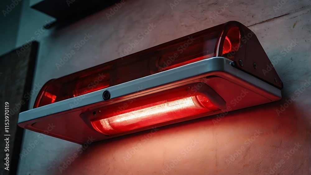 A red emergency light on a wall symbolizing the warning or danger. A red emergency light on a wall symbolizing the warning or danger.