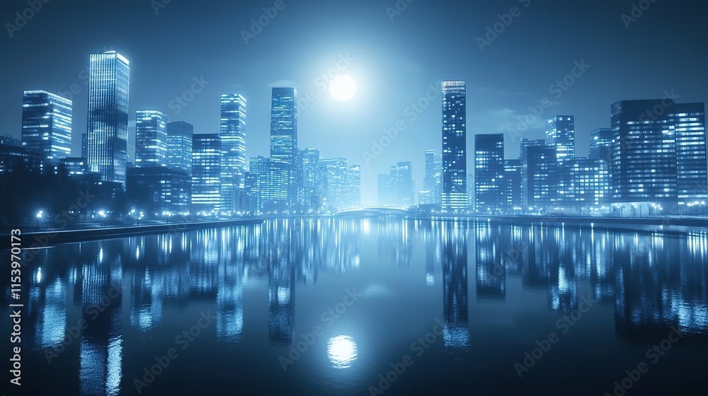 Fototapeta premium glowing cityscape at night with skyscrapers reflecting on calm river under bright moonlight