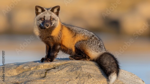 Silver fox sitting on rock, sunset. photo