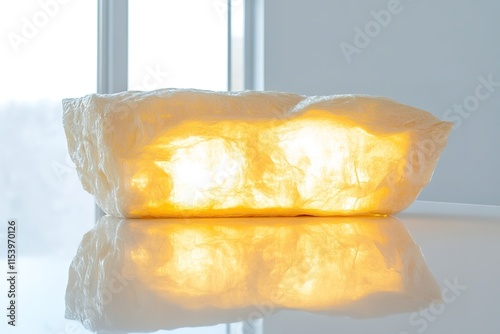 glowing piece of sustainable insulation material displayed on reflective white surface under bright natural light photo