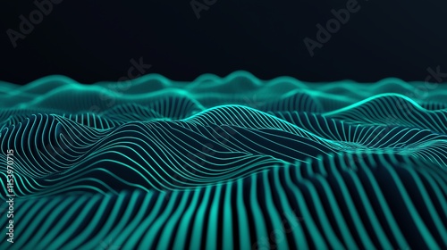 A captivating abstract representation of flowing digital waves in vibrant teal. This image showcases the elegance of modern technology, merging art and innovation seamlessly.