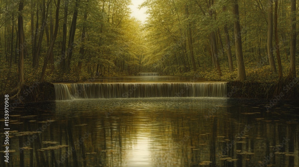 Obraz premium Tranquil Waterfall at the Forest Edge in Golden Hour