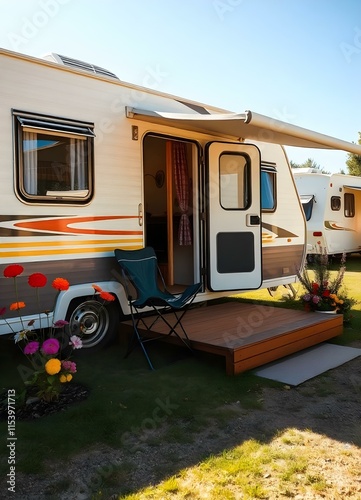 Sunny caravan park with cozy trailer, terrace, and colorful flowers, radiating relaxation.