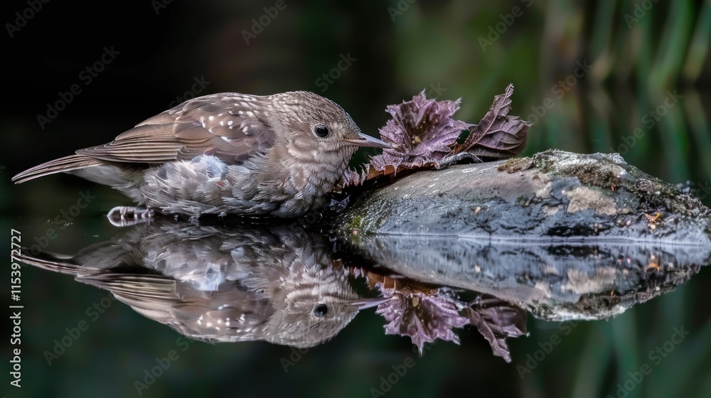 Small bird bathing in calm water, reflecting perfectly. Small bird bathing in calm water, reflecting perfectly.