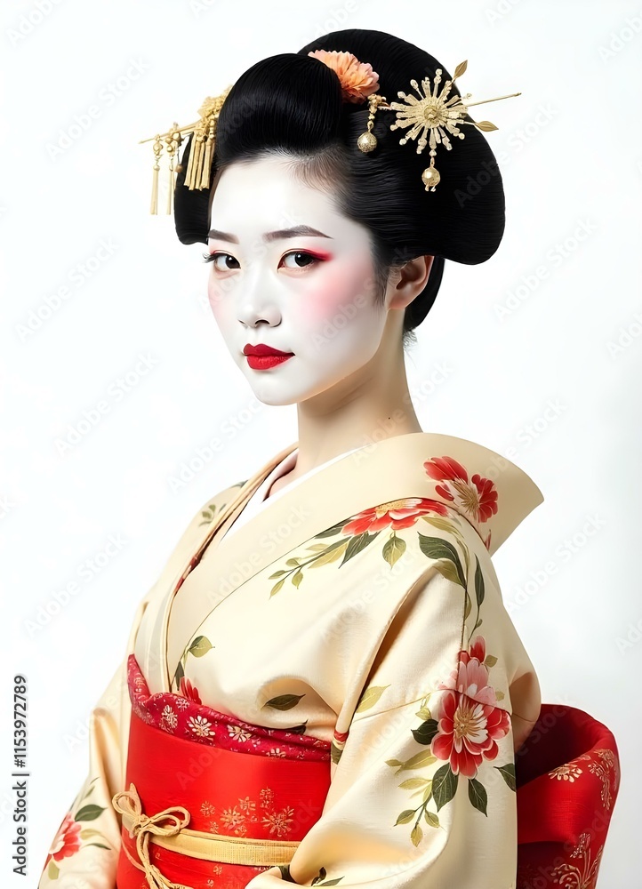 Graceful geisha in vibrant kimono on white background, exuding elegance and tradition. Graceful geisha in vibrant kimono on white background, exuding elegance and tradition.