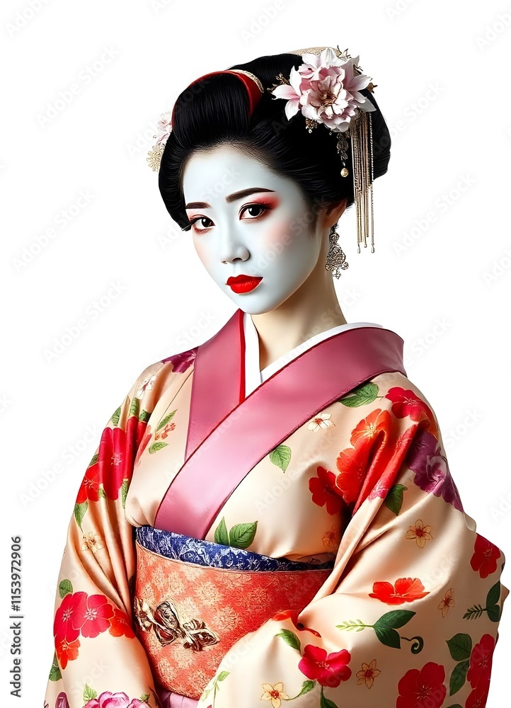 Graceful geisha in vibrant kimono on white background, exuding elegance and tradition. Graceful geisha in vibrant kimono on white background, exuding elegance and tradition.