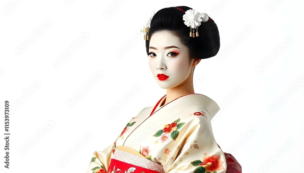 Graceful geisha in vibrant kimono on white background, exuding elegance and tradition. Graceful geisha in vibrant kimono on white background, exuding elegance and tradition.