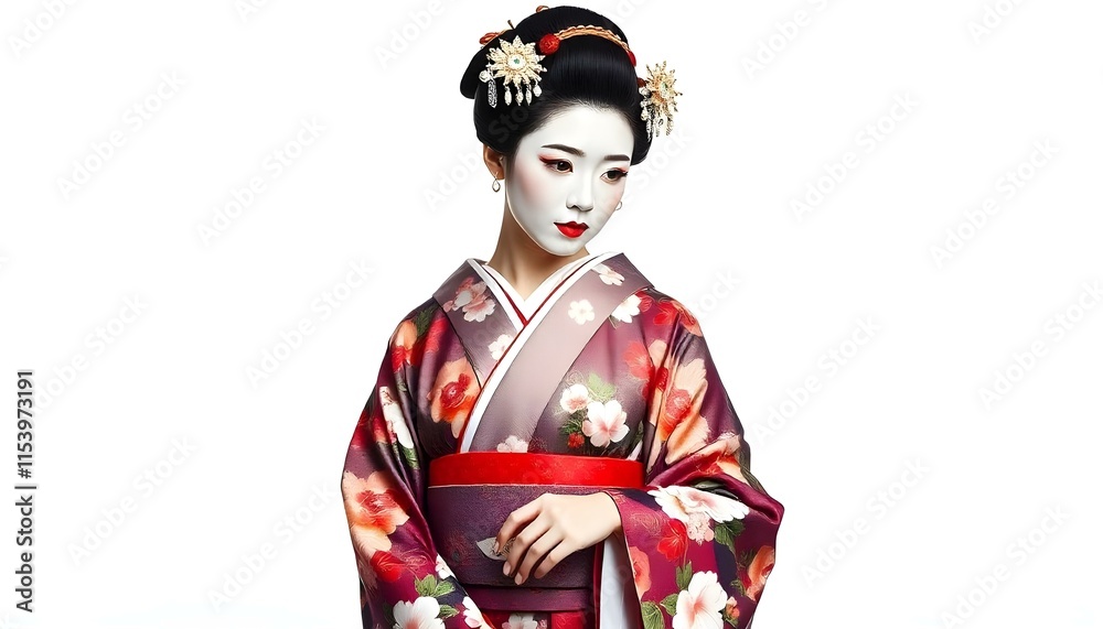 Graceful geisha in vibrant kimono on white background, exuding elegance and tradition. Graceful geisha in vibrant kimono on white background, exuding elegance and tradition.