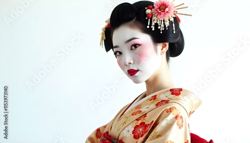 Graceful geisha in vibrant kimono on white background, exuding elegance and tradition. photo
