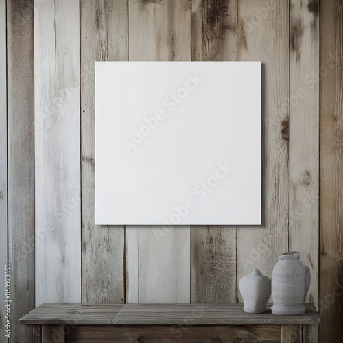 Blank Canvas Displayed on a Rustic Wooden Wall With Ceramic Vases, Perfect for Art Projects or Decoration
