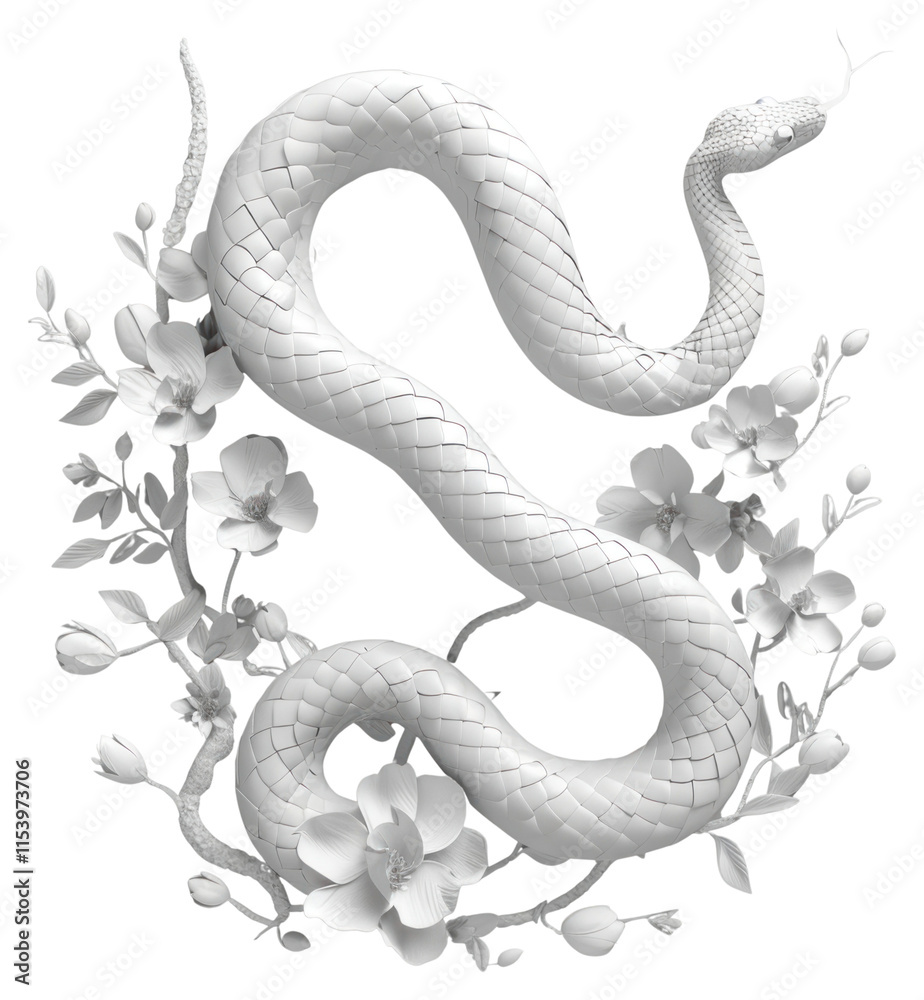 Obraz premium PNG Snake made with paper illustration floral white.