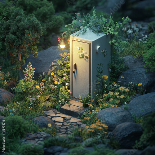 tiny locker surrounded by lush greenery and colorful flowers, illuminated by soft light, creates serene nature setting