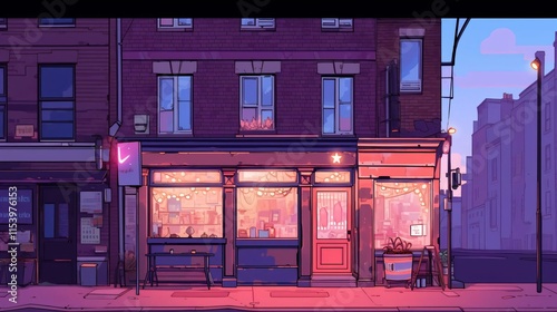 Charming shops pinklit facade glows warmly street inviting passersby peek into its cozy interior amidst tranquil city scene dusk photo