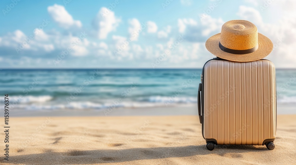 Suitcase on sandy beach, embark on a relaxing tropical getaway