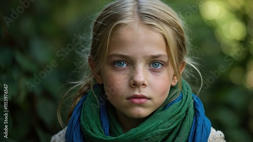 Close-up portrait of a young girl with striking blue eyes, wearing a green and blue scarf, surrounded by a lush natural background.  
