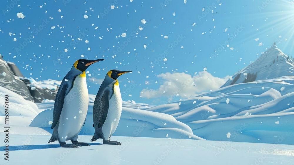 Fototapeta premium Two king penguins on snowy landscape.