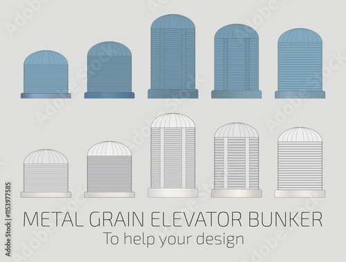 Vector illustration.  Set of metal grain elevator hopper. Help for the designer.
