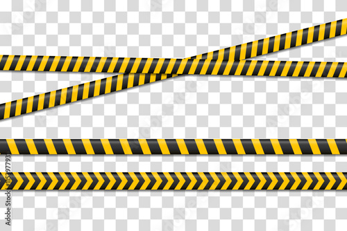 Set of danger caution seamless tapes. Police warning line. Danger or hazard stripe. Warning label, warning tape, danger signs vector. Creative vector illustration of black and yellow police stripe