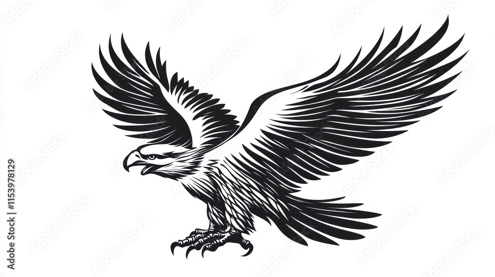Black and white illustration of a soaring eagle. Black and white illustration of a soaring eagle.