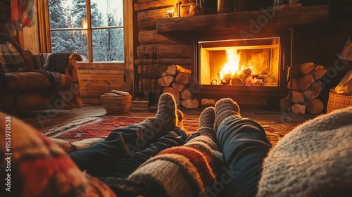A photostock image of a couple relaxing by the fireplace in a cozy log cabin.--ar 16:9