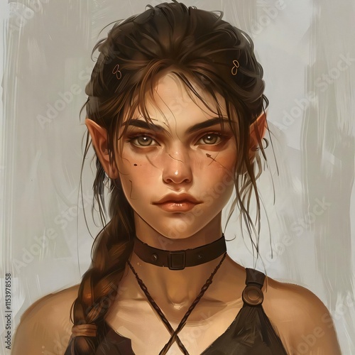 Halfling woman pointed ears scar serene expression gazes directly viewer her lean physique accentuated black top photo