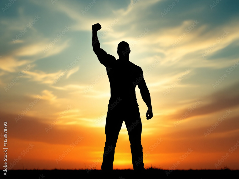 Fototapeta premium Silhouette of a triumphant person against a vibrant sunset, conveying empowerment and joy.