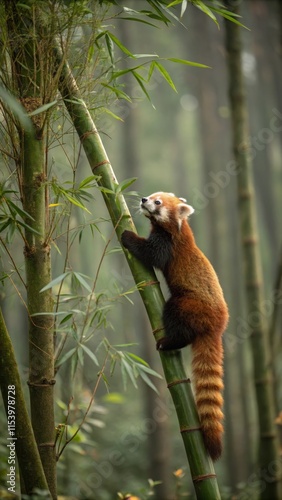 Red panda on bamboo in forest photo