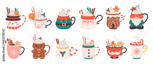 Collection of holiday hot drinks in cute mugs. Creamy coffee, hot chocolate, hot cocoa. Christmas drinks with festive toppings. Vector illustration in flat style