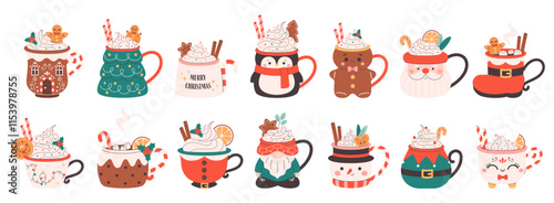 Collection of holiday hot drinks in cute mugs. Creamy coffee, hot chocolate, hot cocoa. Christmas drinks with festive toppings. Vector illustration in flat style