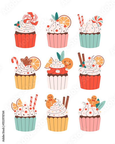 Sweet Christmas cupcakes with lollipops, cookies, candy canes, cinnamon, orange. Merry Christmas. Vector illustration in flat style