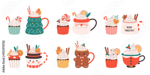 Collection of holiday hot drinks in cute mugs and sweet cupcakes with festive toppings. Vector illustration in flat style