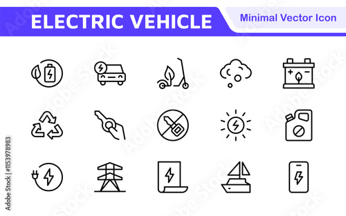 Electric Vehicle and Car Icon Set. A modern collection of icons showcasing electric transportation, perfect for enhancing automotive apps, websites, and sustainability initiatives.
