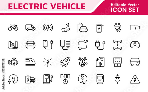 Electric Vehicle and Car Icon Set. A modern collection of icons showcasing electric transportation, perfect for enhancing automotive apps, websites, and sustainability initiatives.