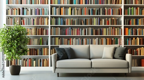 Cozy living room with large bookshelf filled with books and a comfy sofa.