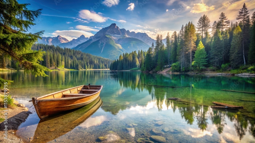 Alpine lake with Altes Boot boat docked on its shore, surrounded by pine trees and mountains in the background, scenic view, serene landscape Alpine lake with Altes Boot boat docked on its shore, surrounded by pine trees and mountains in the background, scenic view, serene landscape