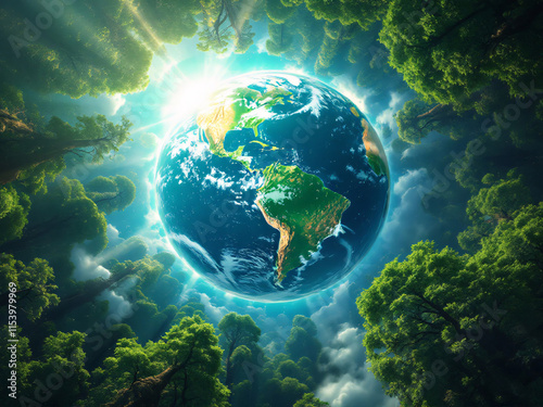 Vibrant Earth surrounded by lush trees under a bright, cloud-filled sky, symbolizing harmony.