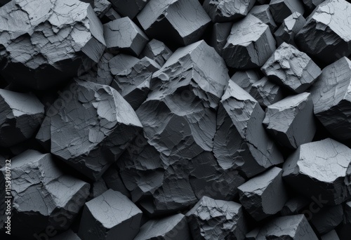 Dark gray roughtextured cubic rocks arranged densely, suitable for backgrounds, textures, and design elements in architectural, industrial, or naturethemed projects. photo